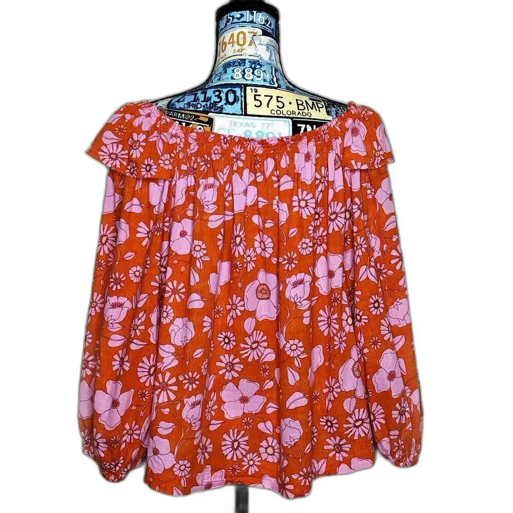 FREE PEOPLE Miss Daisy Floral Off Shoulder Top Ruffle Puff Sleeve Heat Wave Sz M